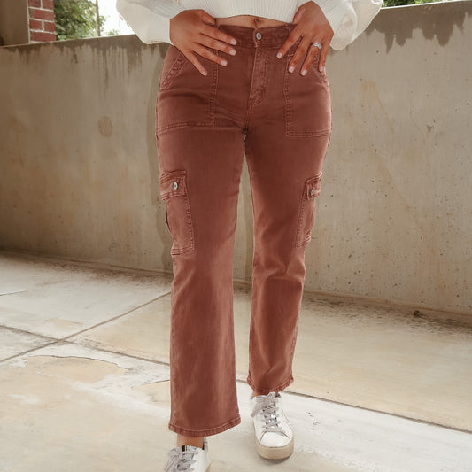 Jennie High Rise Straight Cargo Jean in Red Brick