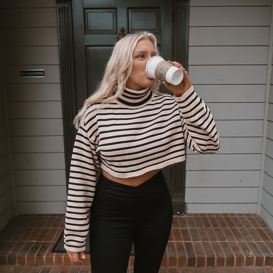 Marley Striped Cropped Sweater in Natural + Black