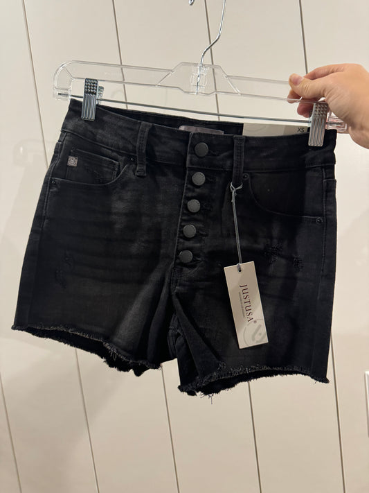 High Rise Black Denim Button Fly Shorts