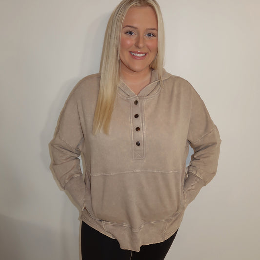 Emma Quarter Button Pullover in Taupe