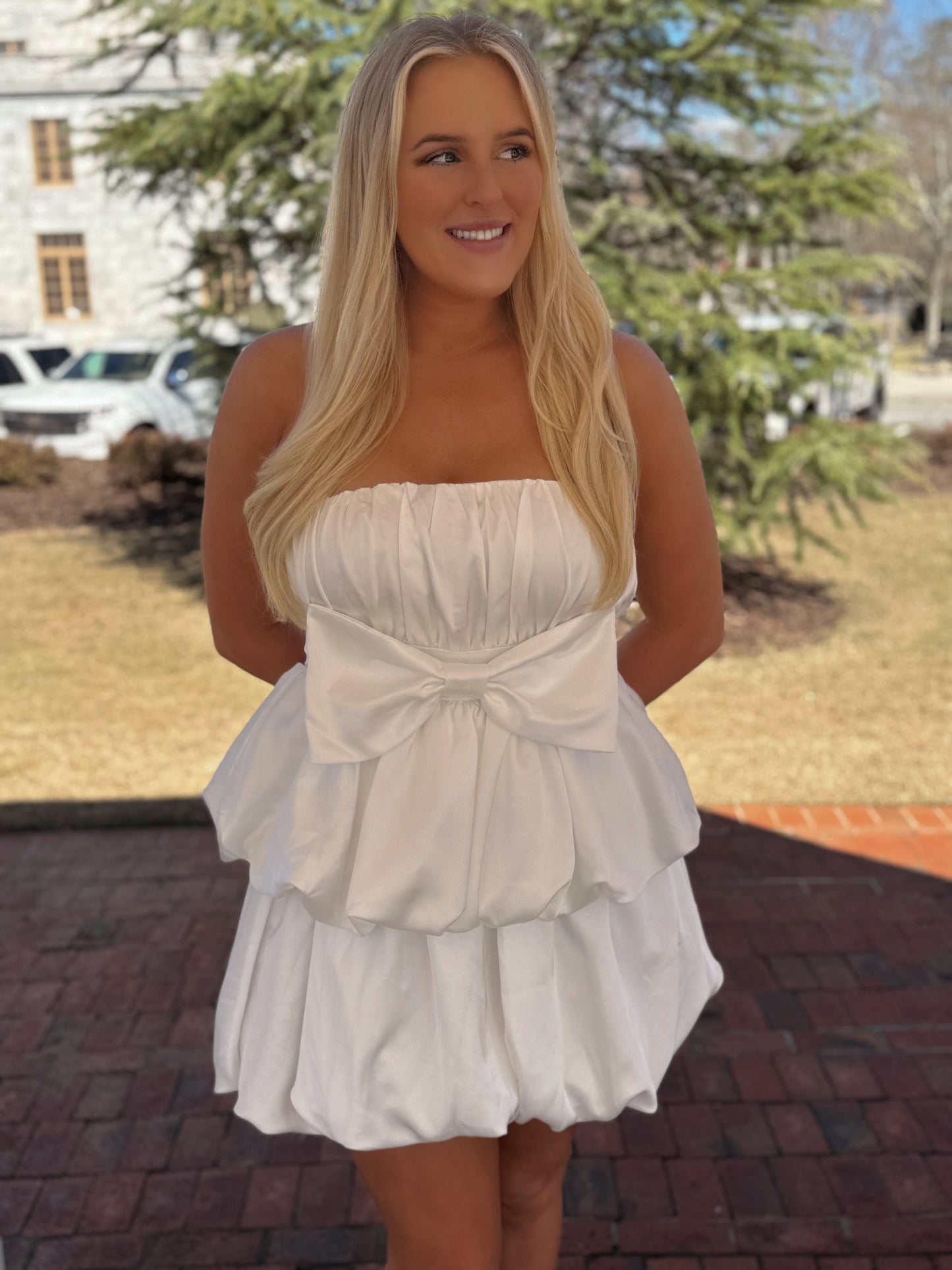 Tie the Knot Strapless Bow Dress in White