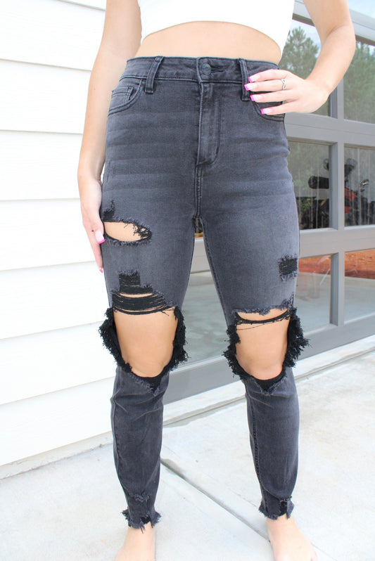 Distressed High Waist Mom Skinnies in Black