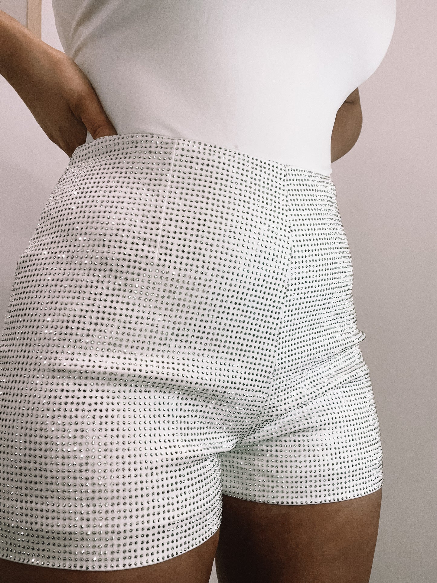 Rhinestone Cowgirl High Rise Shorts in White